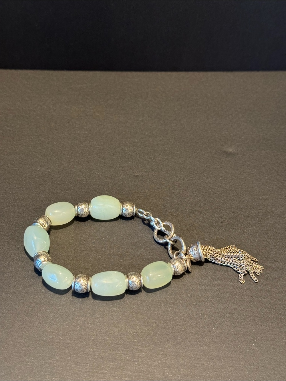Brighton Retired Jade Beaded Toggle Closure Bracelet SilverTassel Size 7-8”